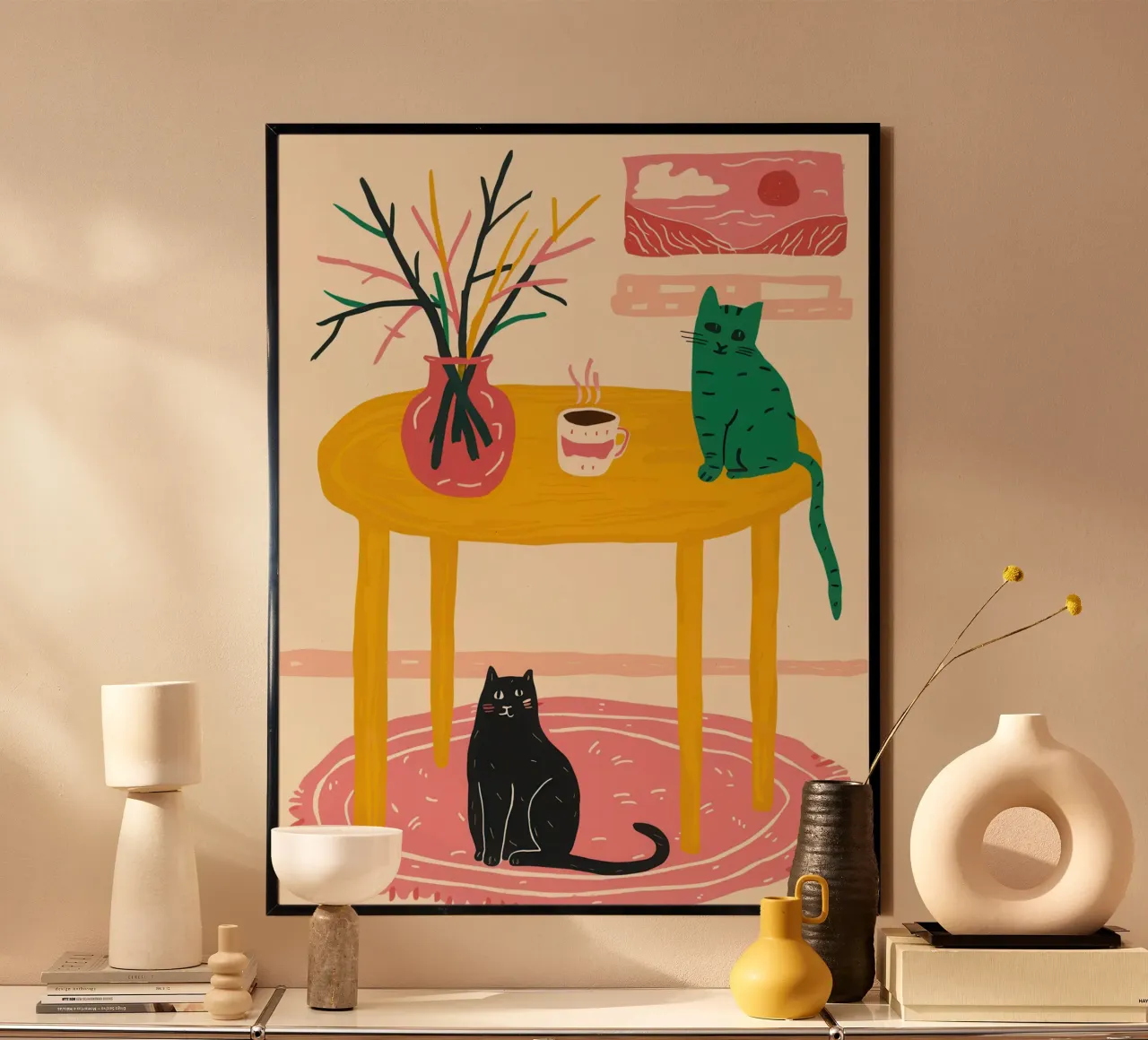 La quiete felina a tavola poster con telaio in legno da Lunar Valentina
