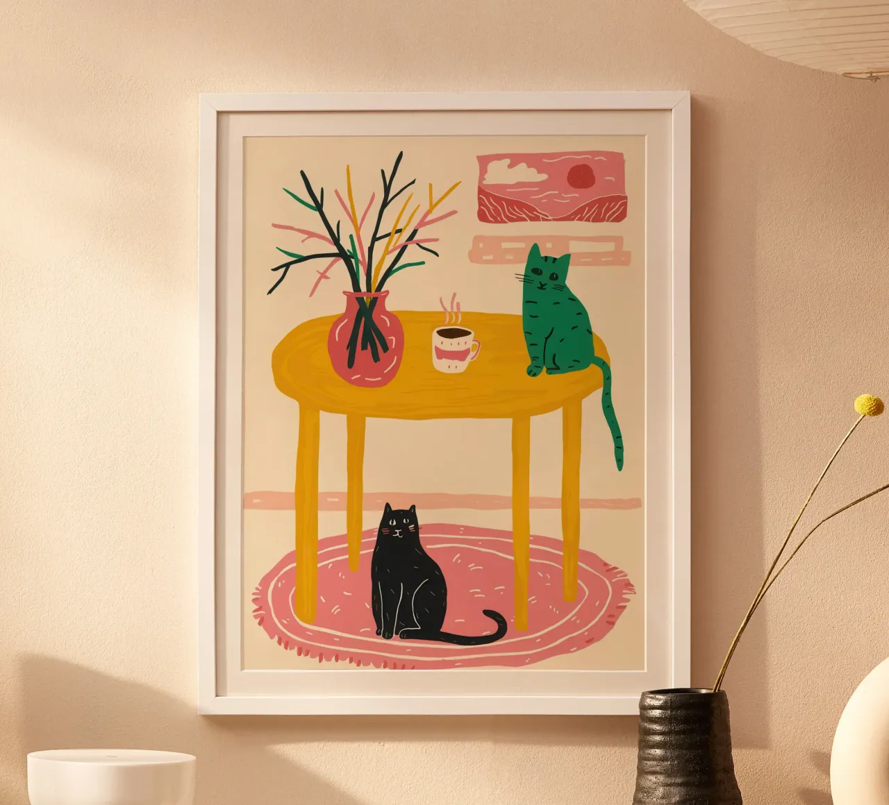 La quiete felina a tavola poster con telaio in legno da Lunar Valentina