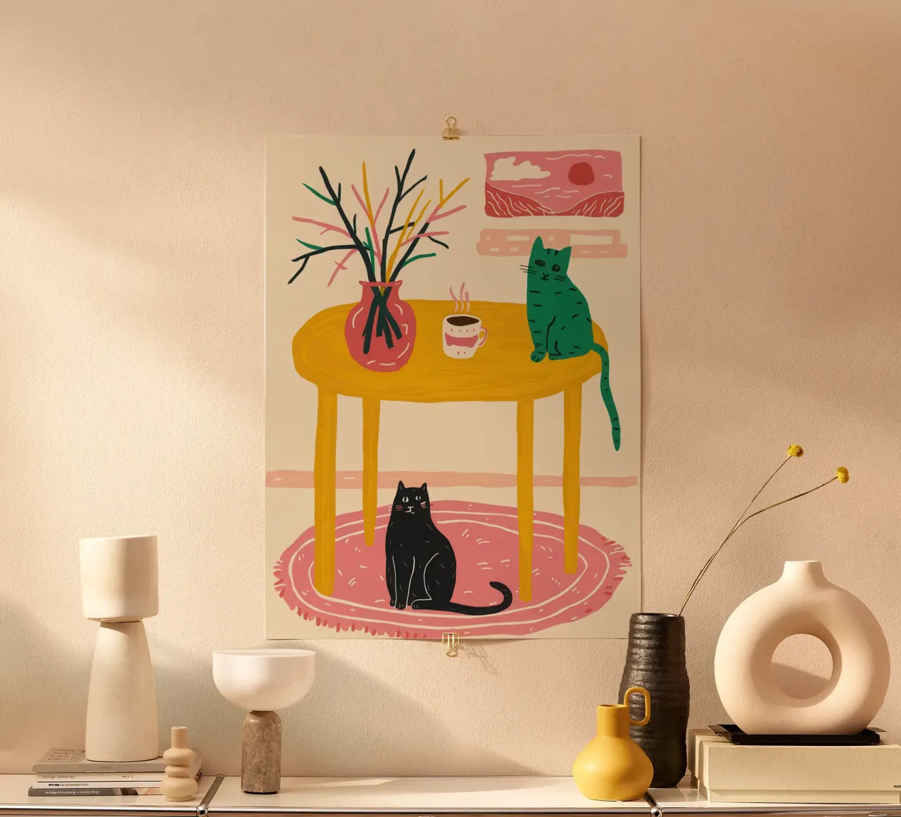 La quiete felina a tavola poster con telaio in legno da Lunar Valentina