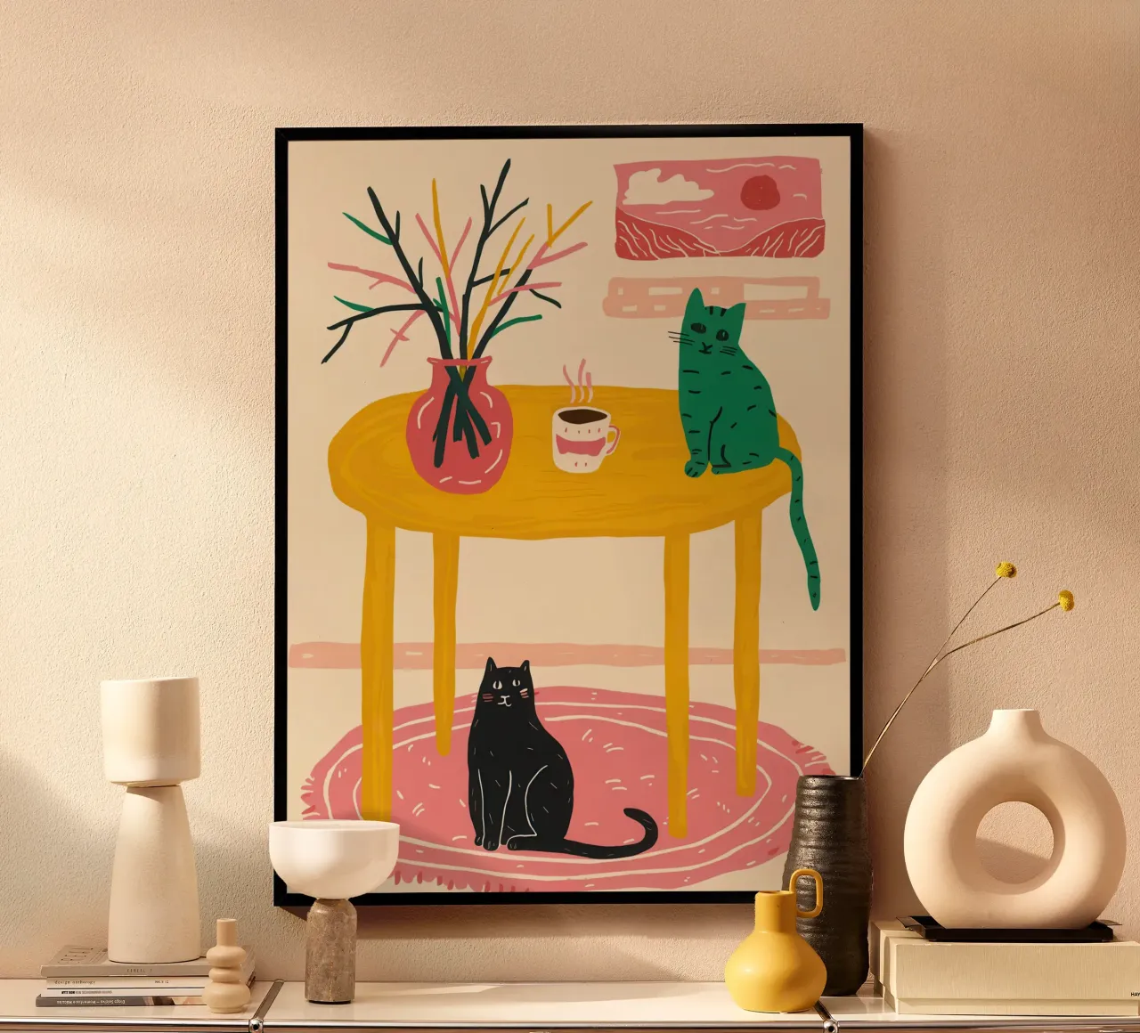 La quiete felina a tavola poster con telaio in legno da Lunar Valentina