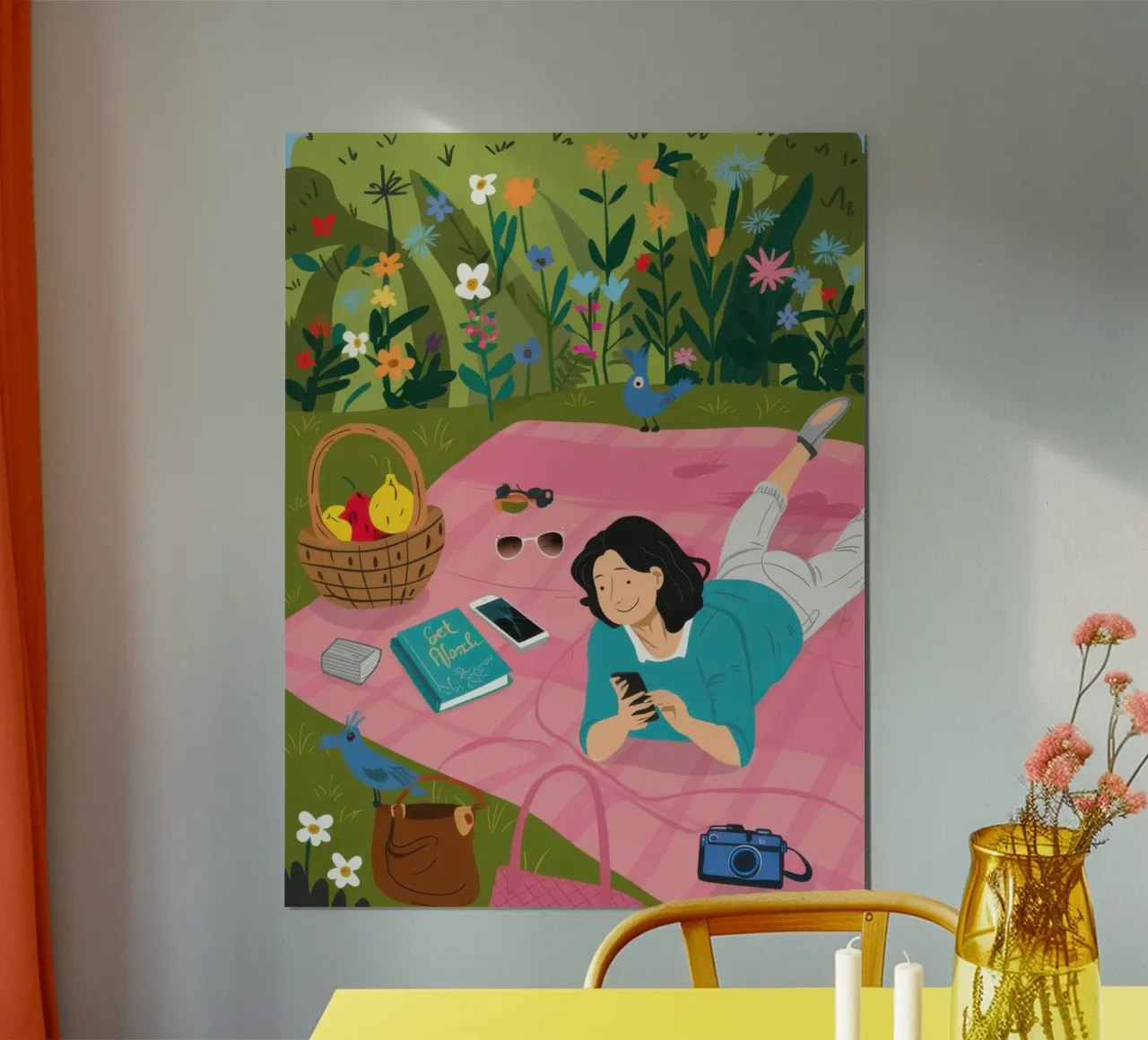 Picnic in un giardino sereno poster con telaio in legno da Bring Haven