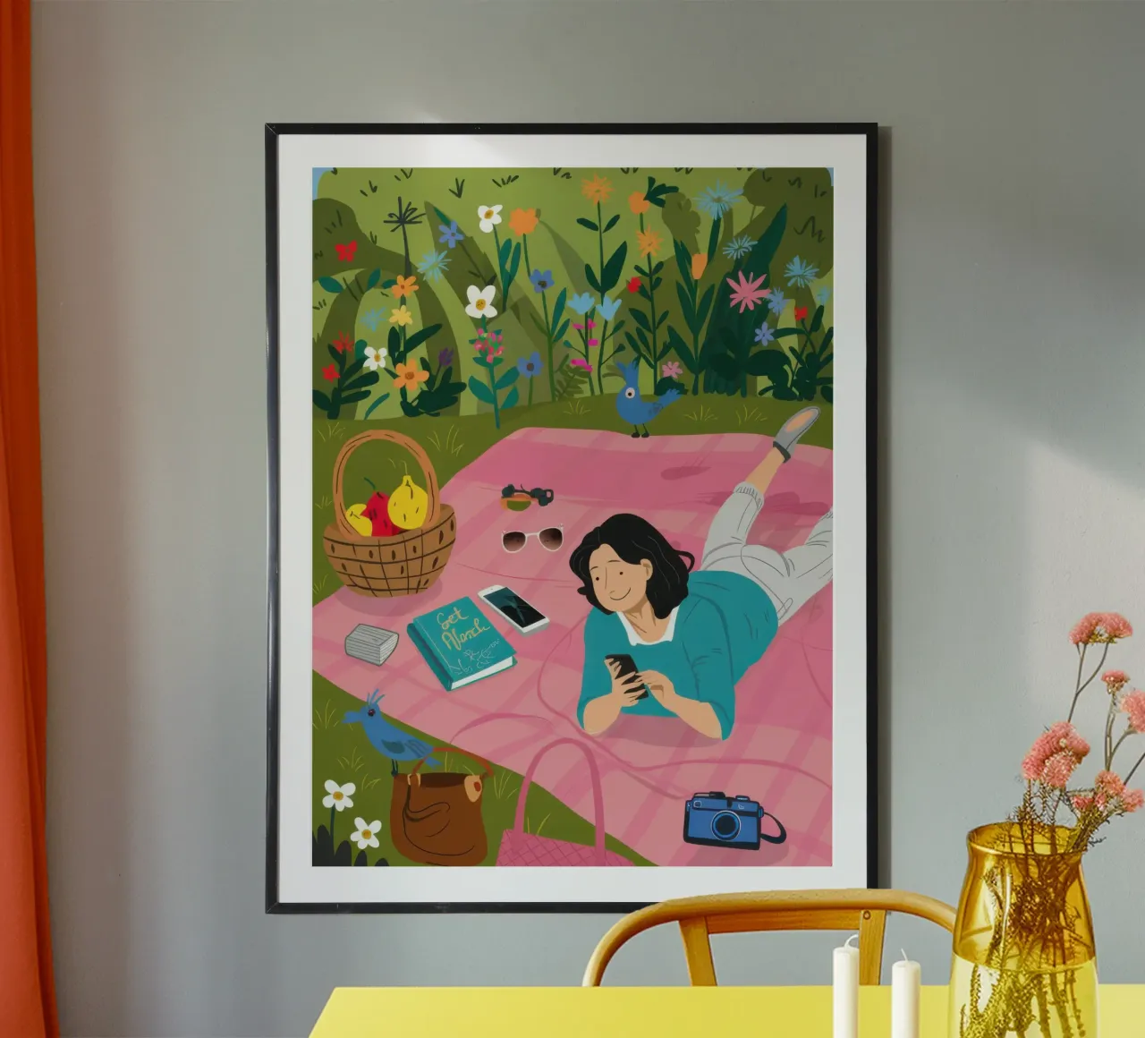 Picnic in un giardino sereno poster con telaio in legno da Bring Haven