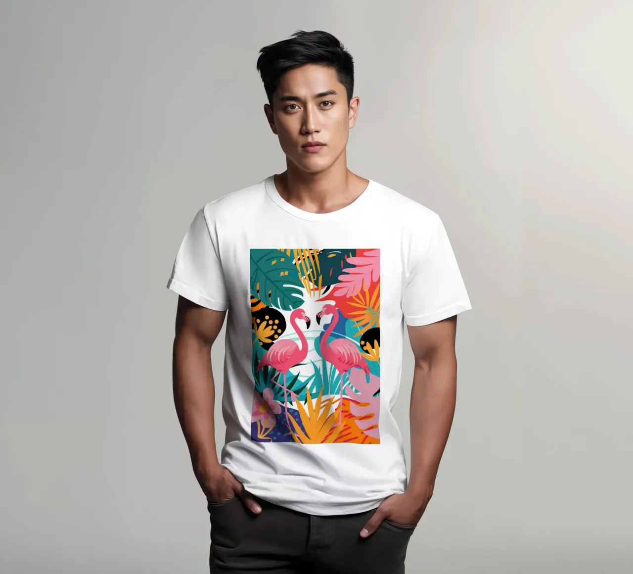 Paradiso della giungla dei fenicotteri t-shirt da Line Fable