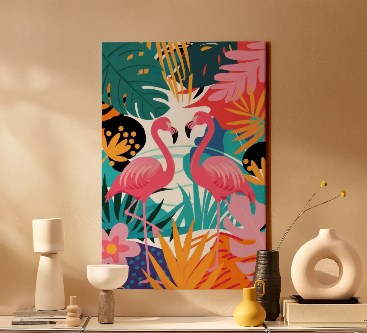 Flamingo jungle paradijs canvas met Baklijst van Line Fable