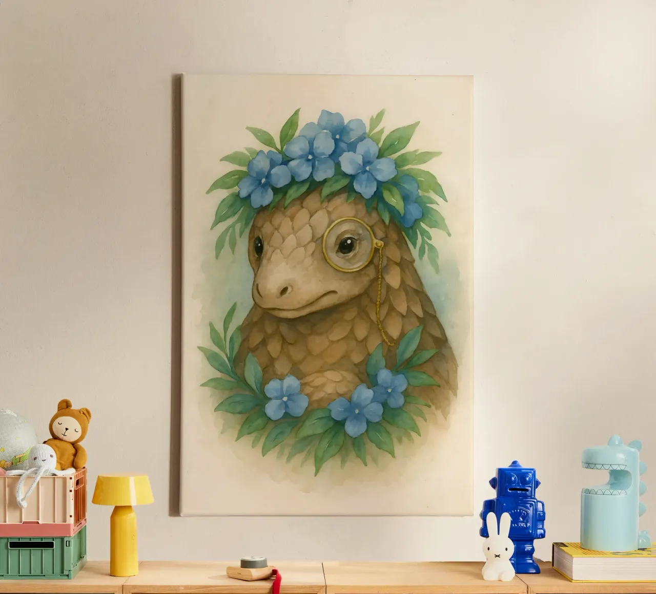 Lo studioso gentile: Pangolino in fiore tela con Cornice a cassetta da Graceful Desine