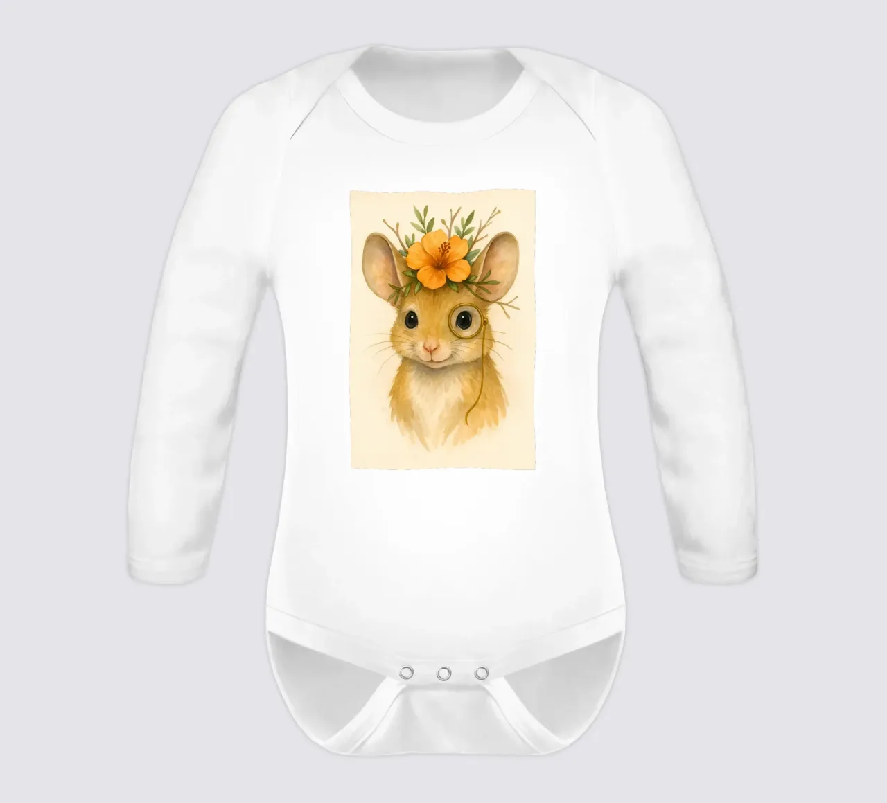 Whiskered Wisdom: The Floral Mouse long-sleeve baby romper by Graceful Desine