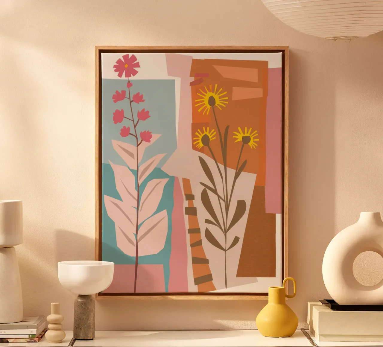 Abstracte zonnebloem canvas met Baklijst van Bring Haven