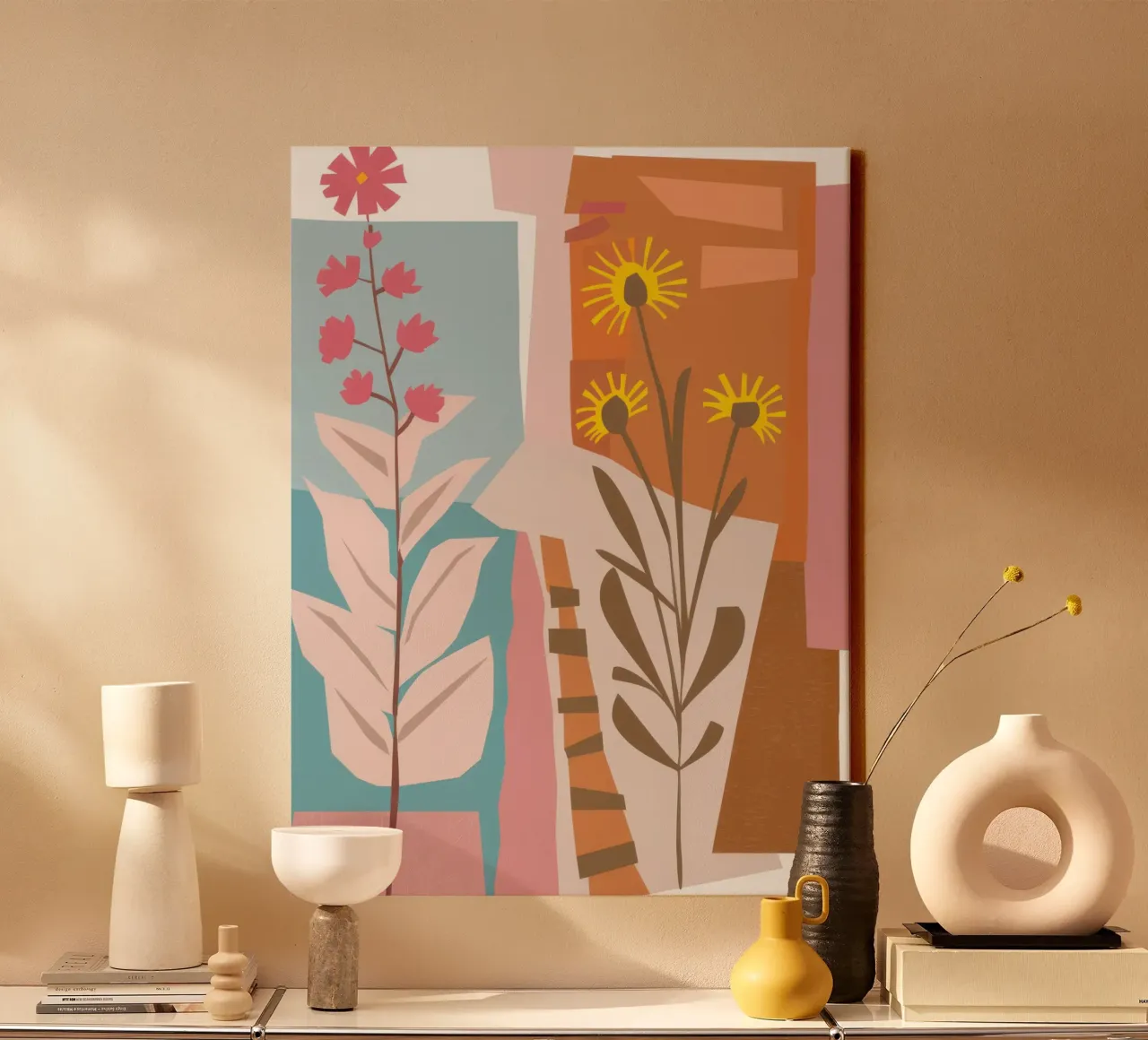 Abstracte zonnebloem canvas met Baklijst van Bring Haven