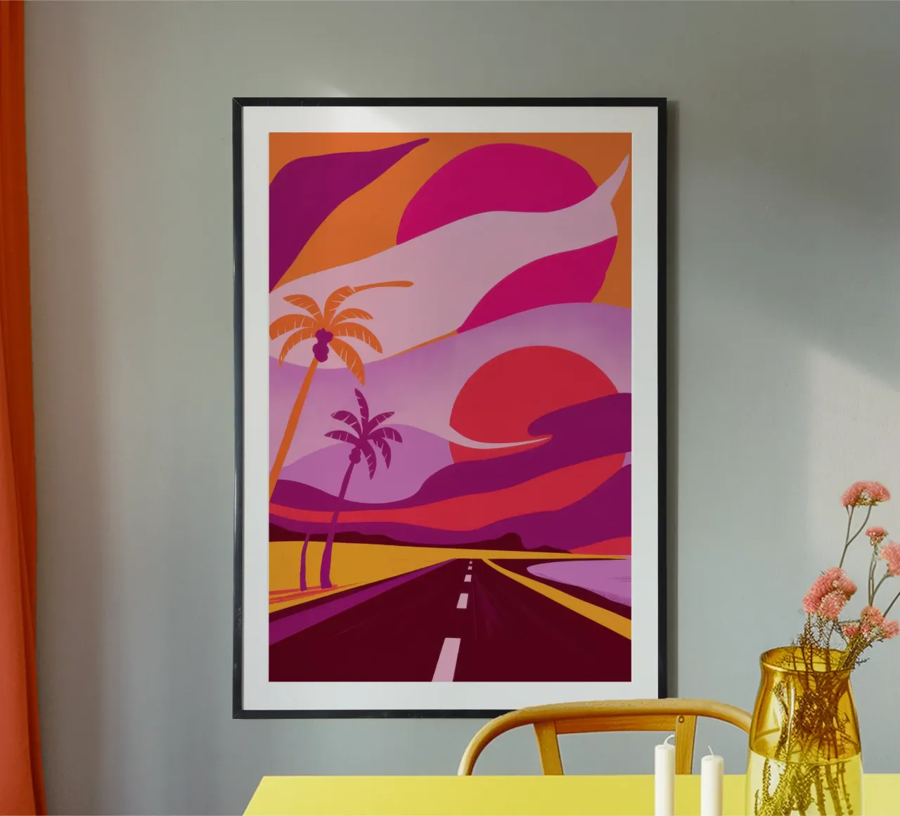 Sogno dell'autostrada del tramonto poster con telaio in legno da Line Fable
