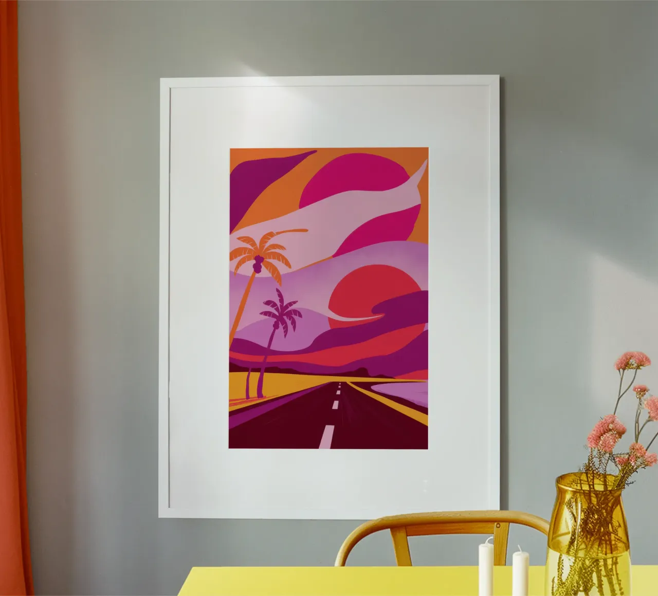 Sogno dell'autostrada del tramonto poster con telaio in legno da Line Fable