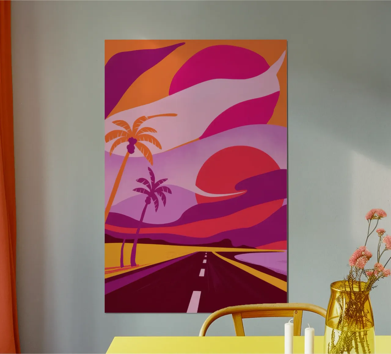 Sogno dell'autostrada del tramonto poster con telaio in legno da Line Fable