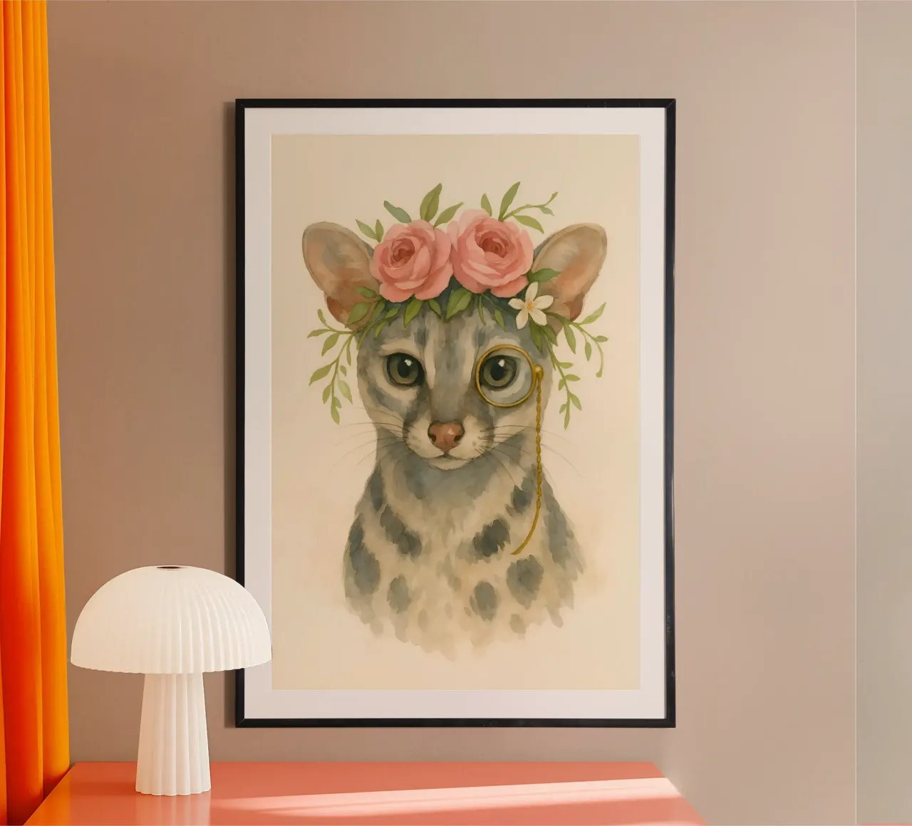 Lo sguardo regale: Gatto dalla corona rosa poster con telaio in legno da Graceful Desine