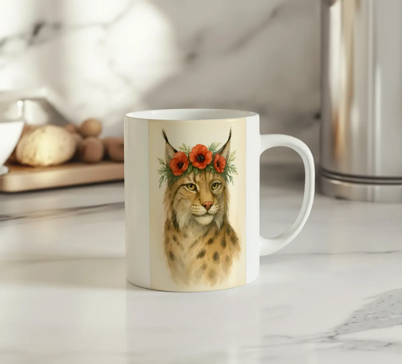 L'aristocratico selvaggio: Lince con papaveri tazza in ceramica da Graceful Desine