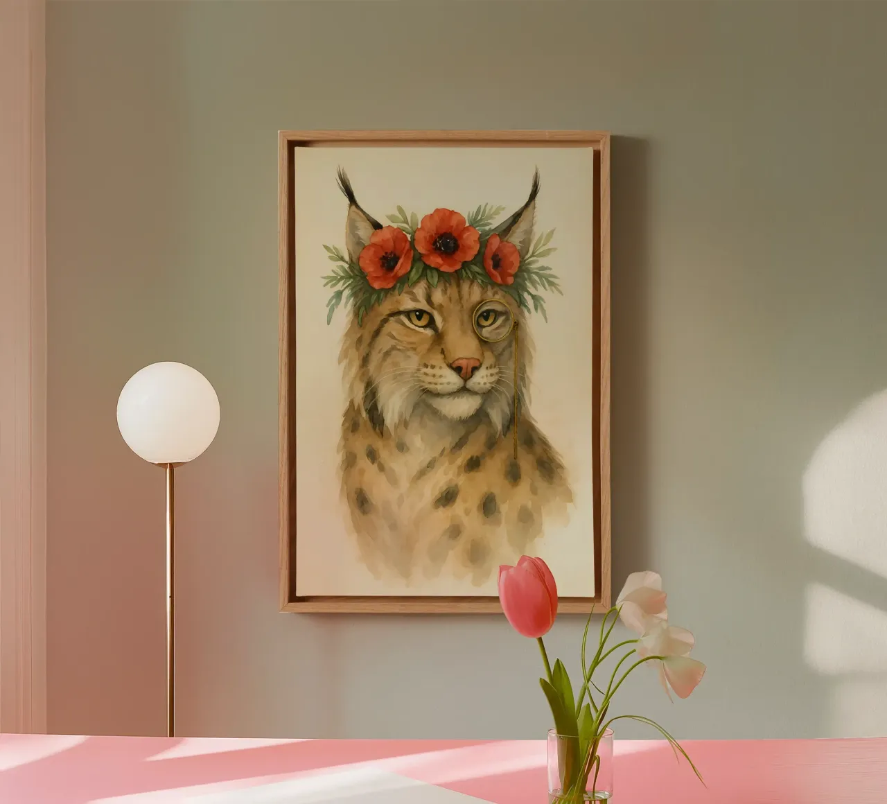 De wilde aristocraat: Lynx met klaprozen canvas met Baklijst van Graceful Desine