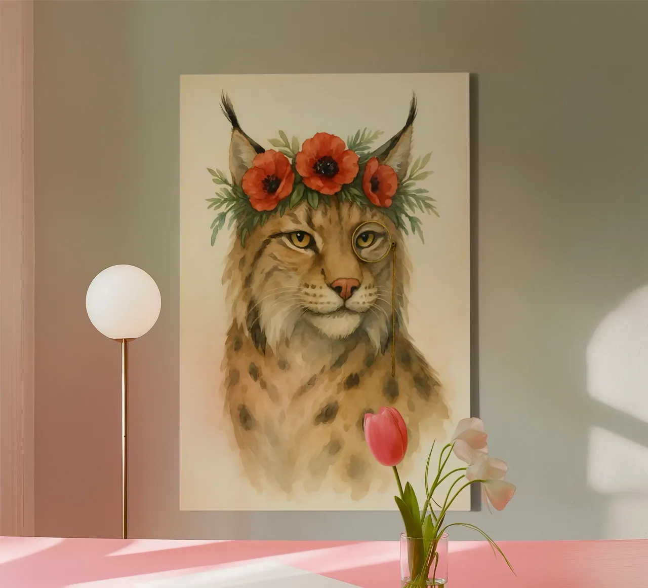 De wilde aristocraat: Lynx met klaprozen canvas met Baklijst van Graceful Desine