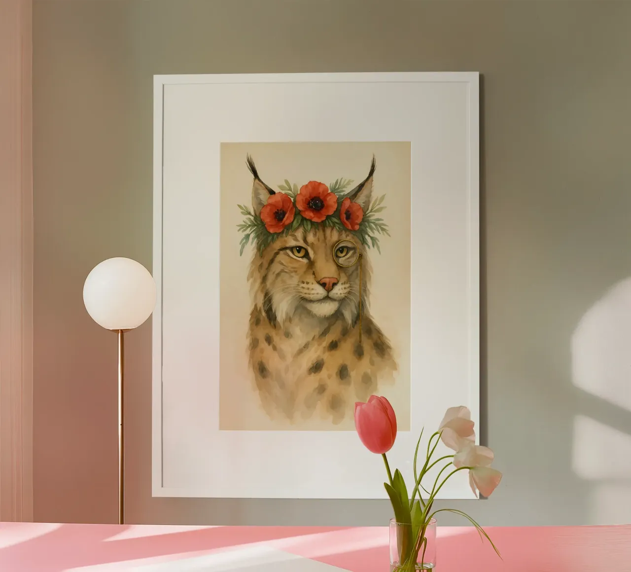 L'aristocratico selvaggio: Lince con papaveri poster con telaio in legno da Graceful Desine