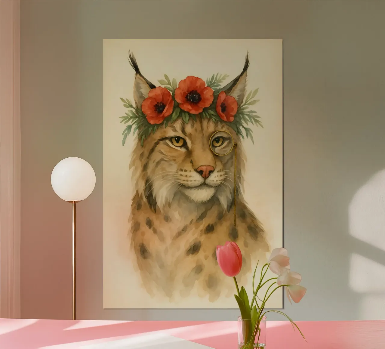 L'aristocratico selvaggio: Lince con papaveri poster con telaio in legno da Graceful Desine
