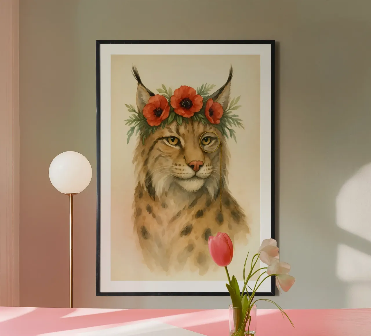 L'aristocratico selvaggio: Lince con papaveri poster con telaio in legno da Graceful Desine
