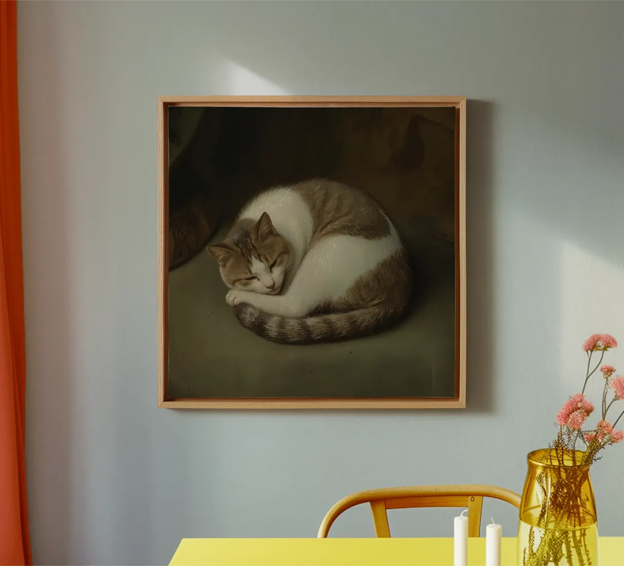 Peaceful Sleeping cat curled up on a smooth surface canvas with Floater frame by DesignDoodle