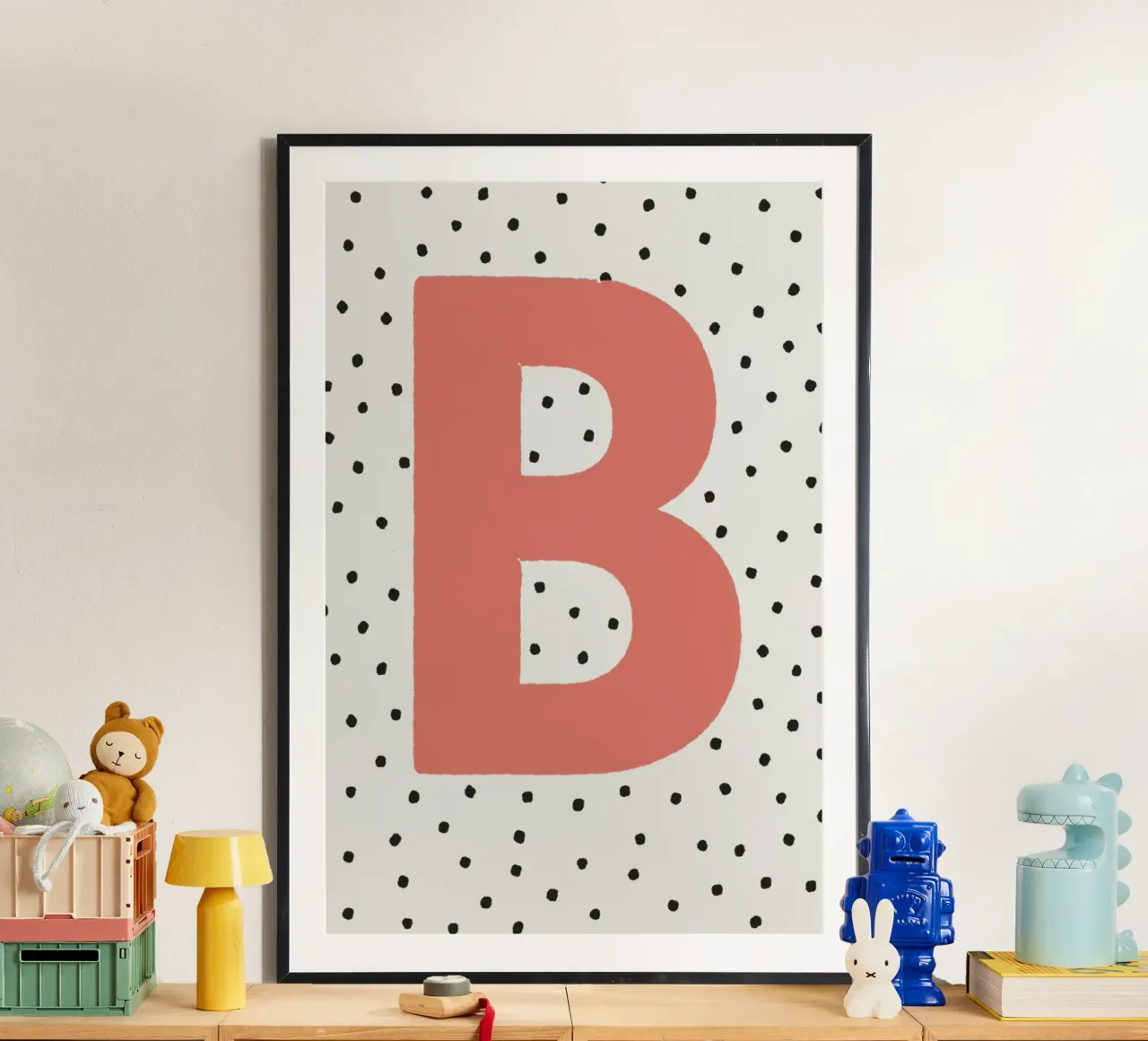 Initial B on polka dots - Scandinavian poster poster with aluminum frame by KidzStudio