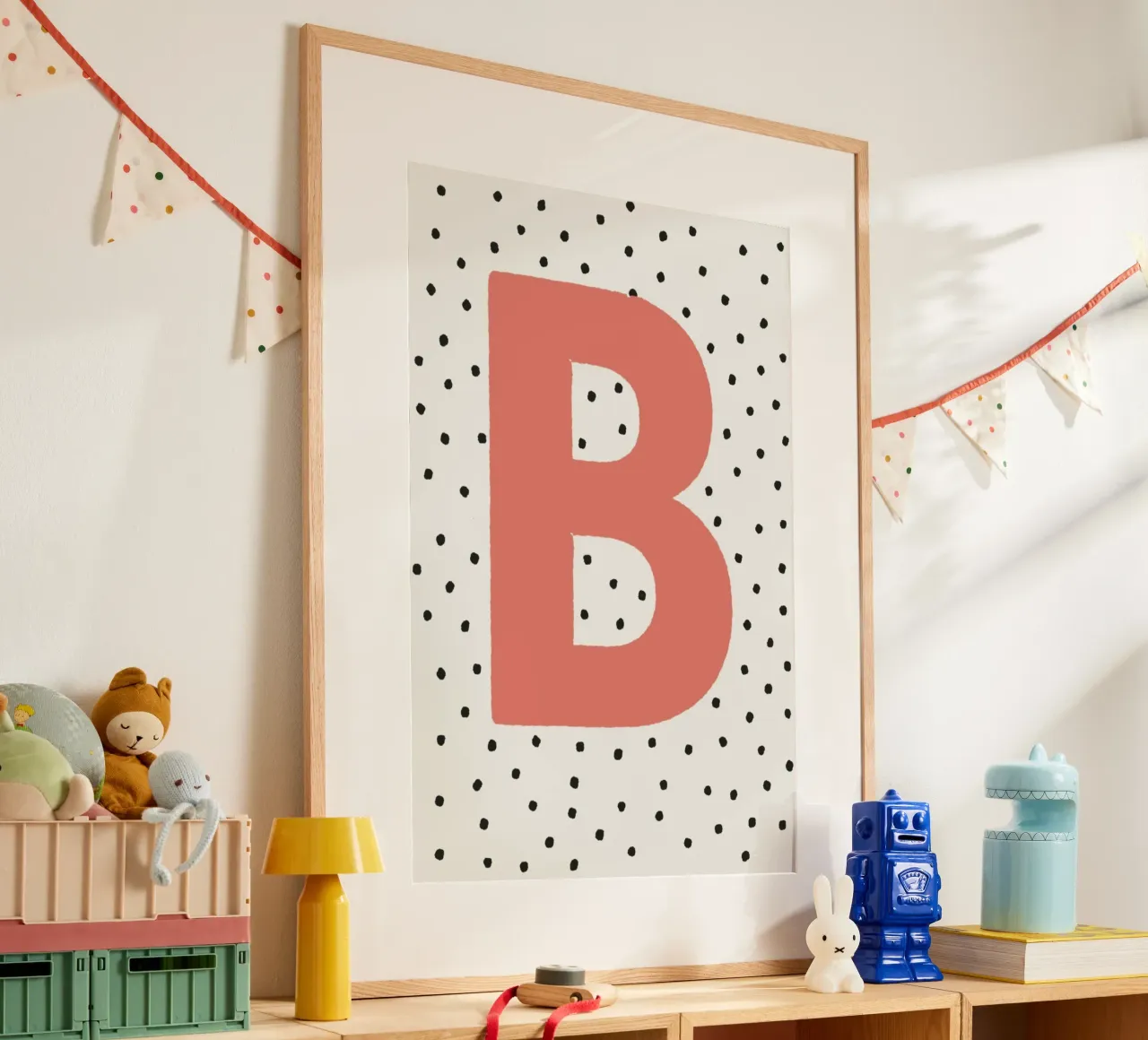 Initial B on polka dots - Scandinavian poster poster with aluminum frame by KidzStudio
