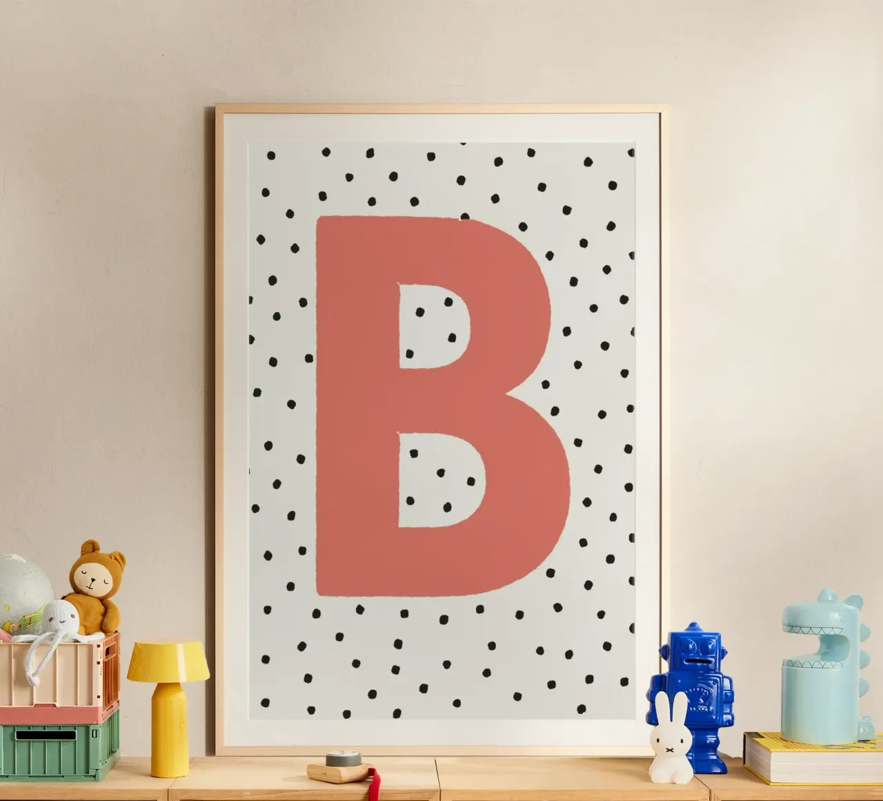 Initial B on polka dots - Scandinavian poster poster with aluminum frame by KidzStudio