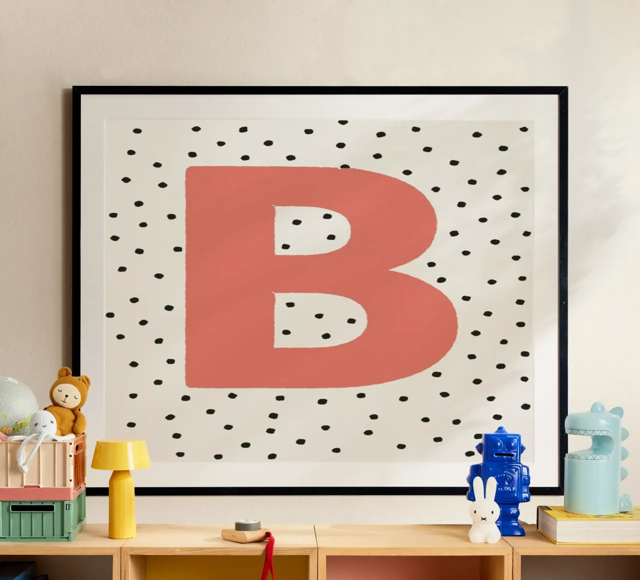 Initial B on polka dots - Scandinavian poster poster with aluminum frame by KidzStudio