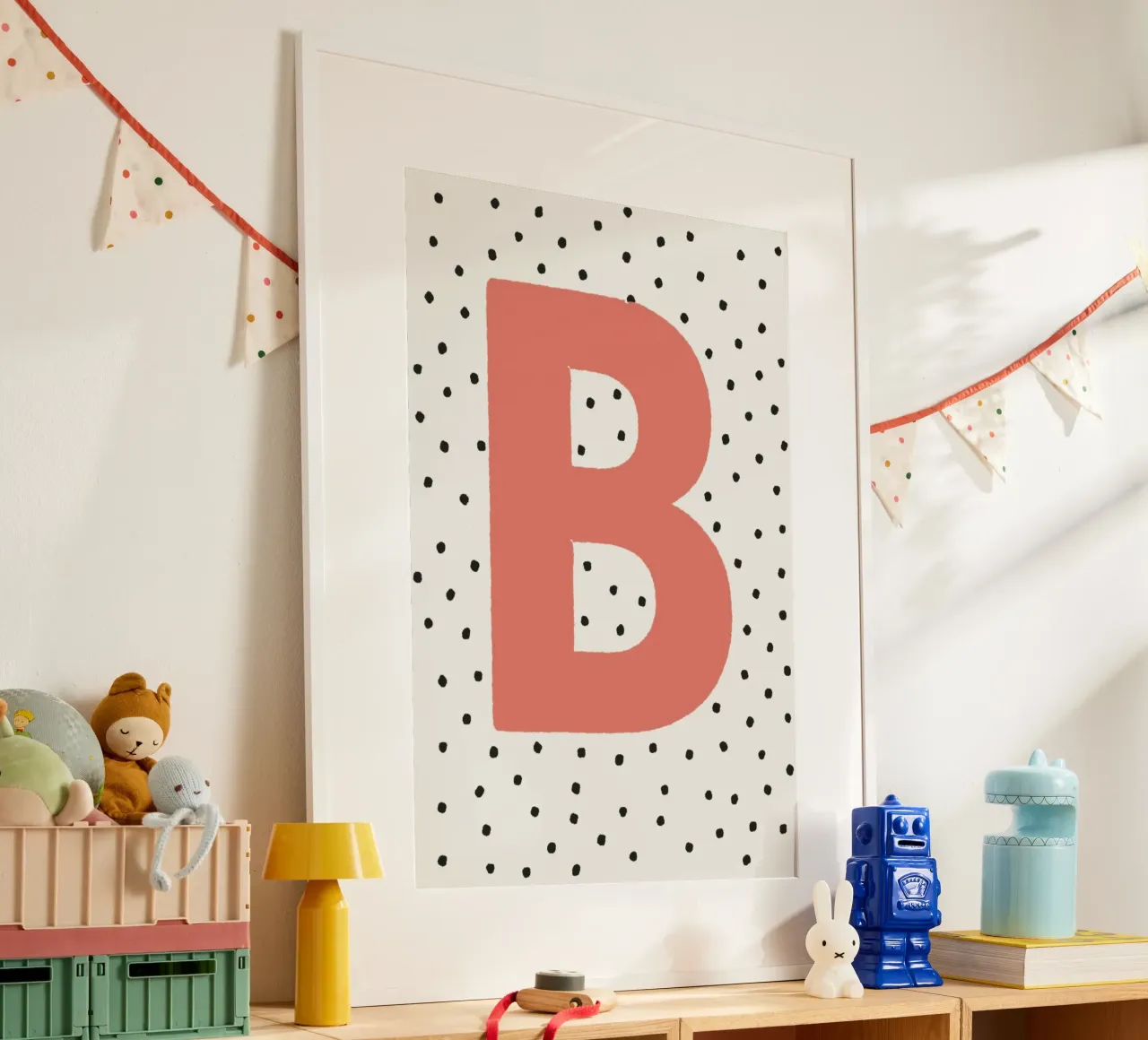 Initial B on polka dots - Scandinavian poster poster with aluminum frame by KidzStudio
