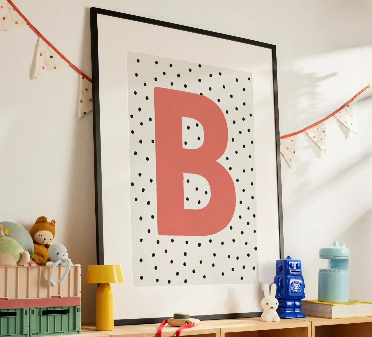 Initial B on polka dots - Scandinavian poster poster with aluminum frame by KidzStudio