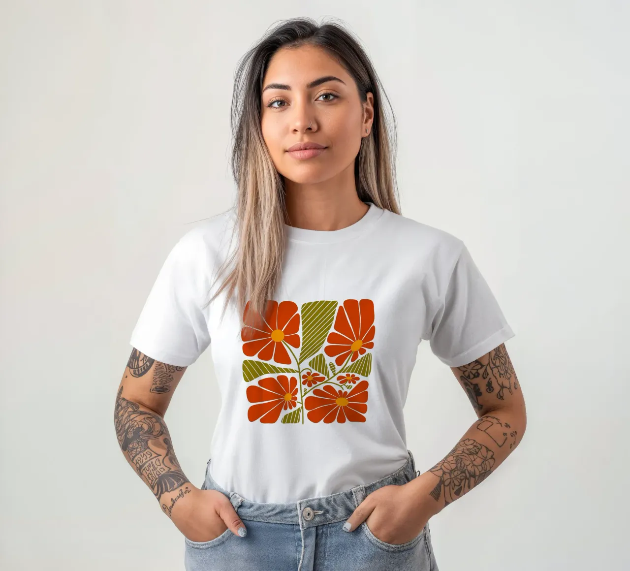 Retro 60s vibes orange flowers t-shirt da TijanaArtStudio88