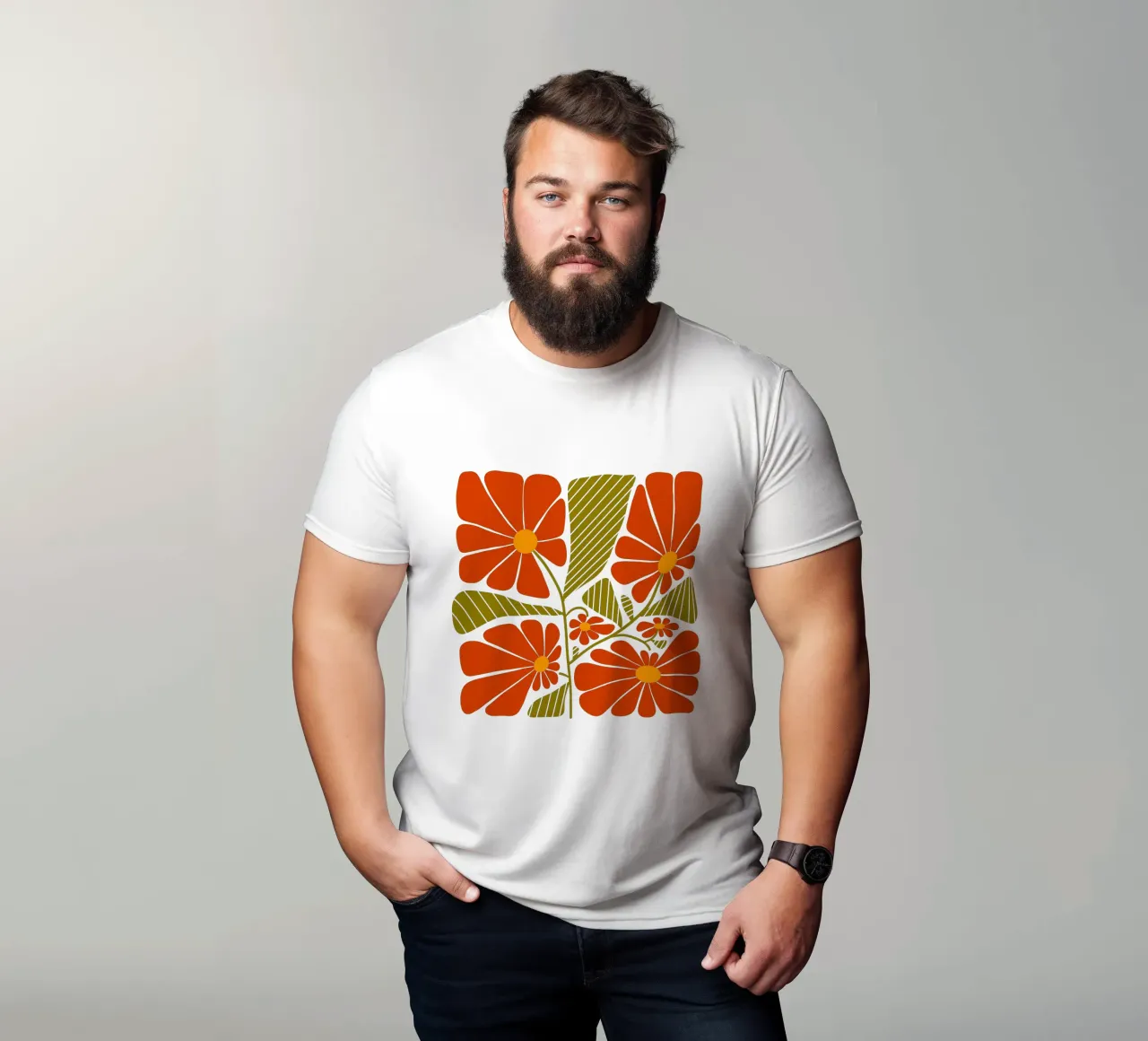 Retro 60s vibes orange flowers t-shirt da TijanaArtStudio88