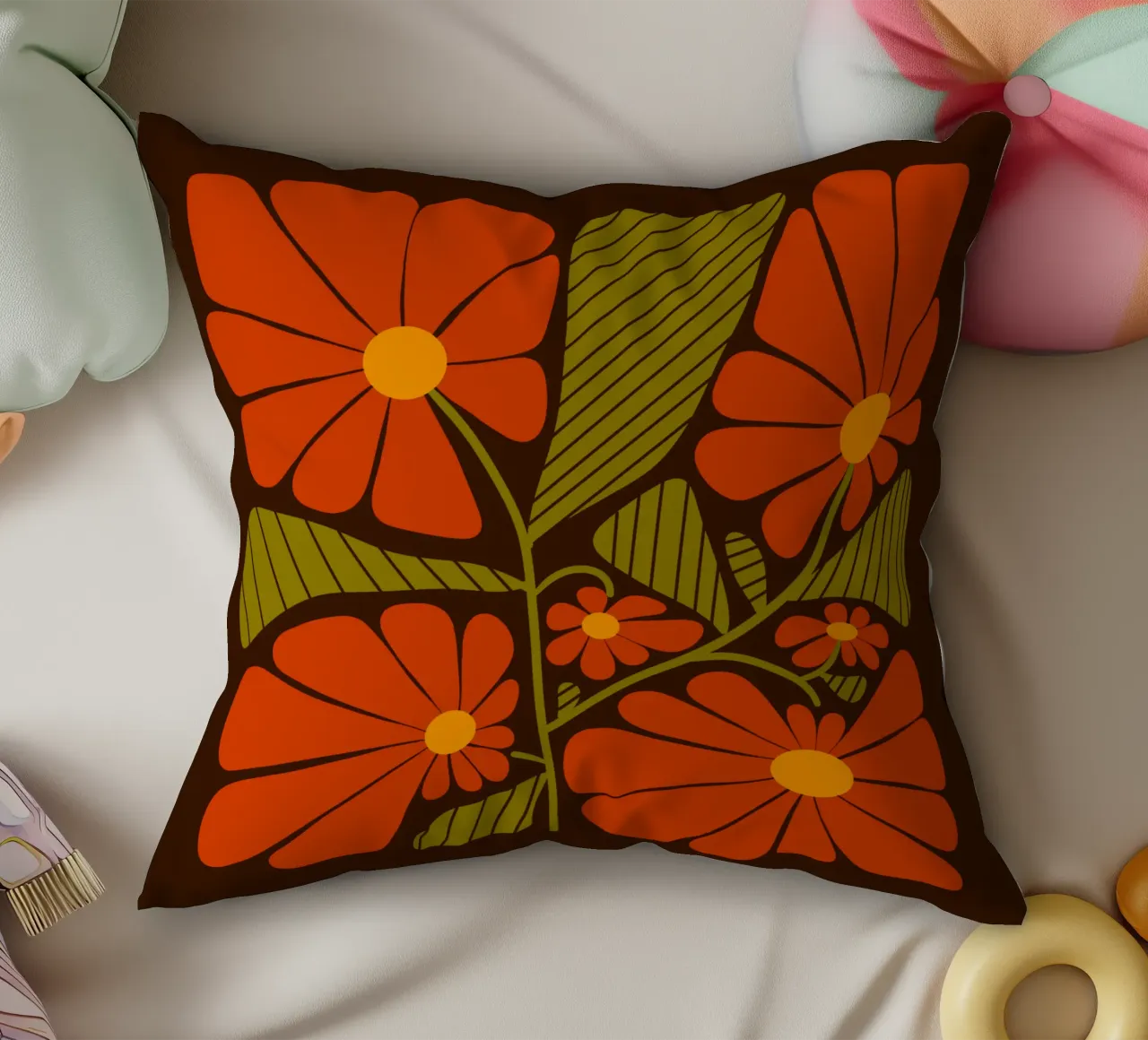 Retro 60s vibes orange flowers cuscino da TijanaArtStudio88