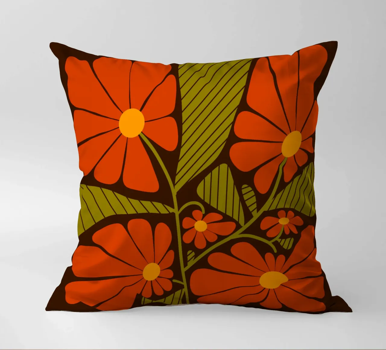 Retro 60s vibes orange flowers cuscino da TijanaArtStudio88