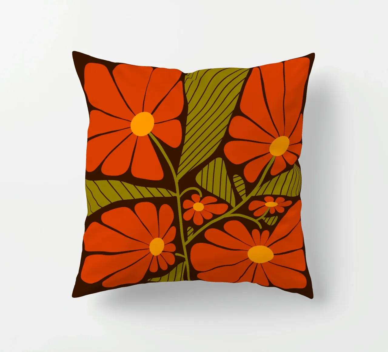 Retro 60s vibes orange flowers cuscino da TijanaArtStudio88