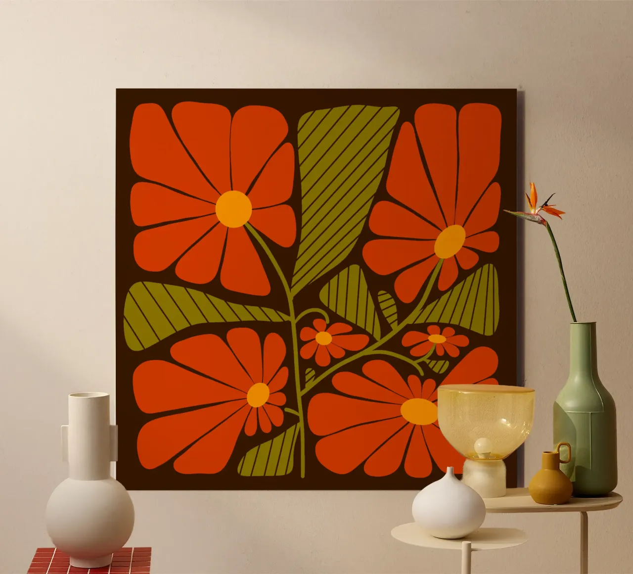 Retro 60s vibes orange flowers alluminio dibond da TijanaArtStudio88