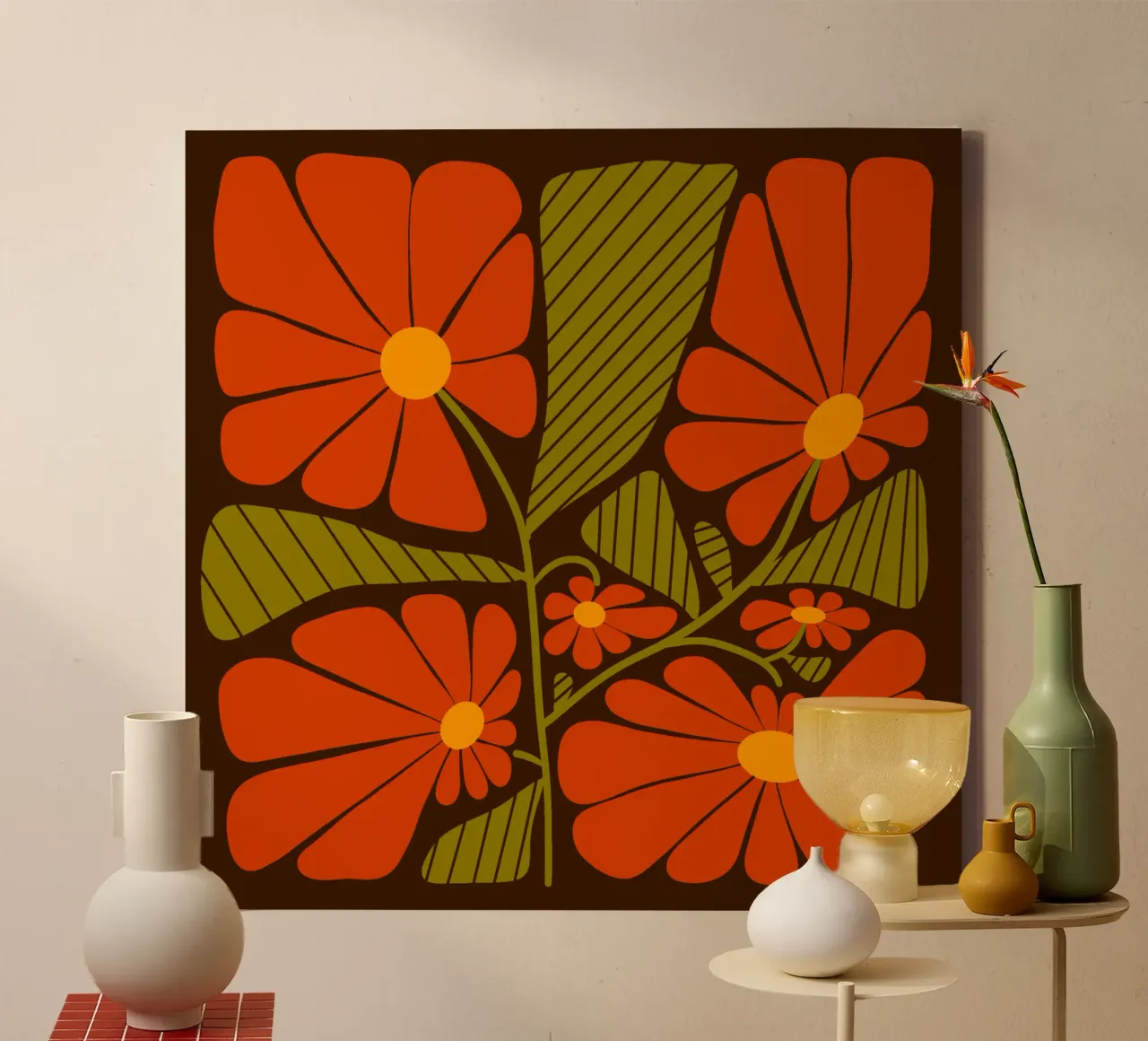 Retro 60s vibes orange flowers tela da TijanaArtStudio88