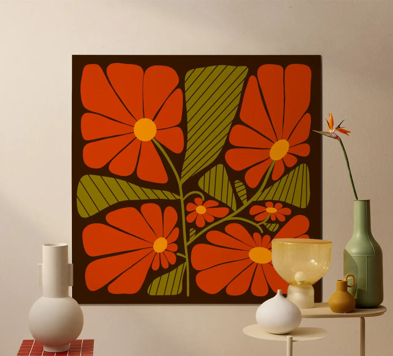 Retro 60s vibes orange flowers carta hahnemühle da TijanaArtStudio88