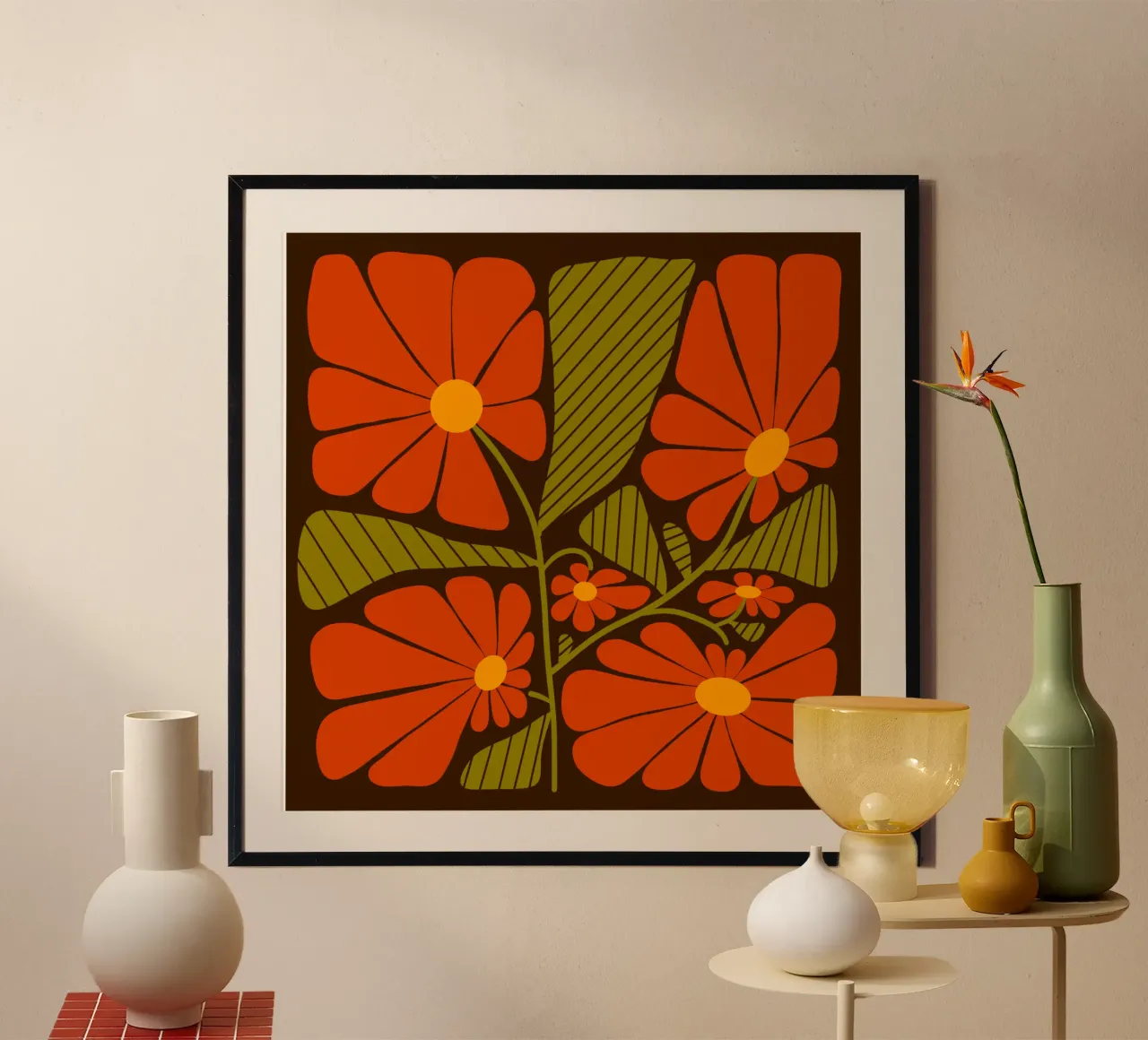 Retro 60s vibes orange flowers carta hahnemühle da TijanaArtStudio88