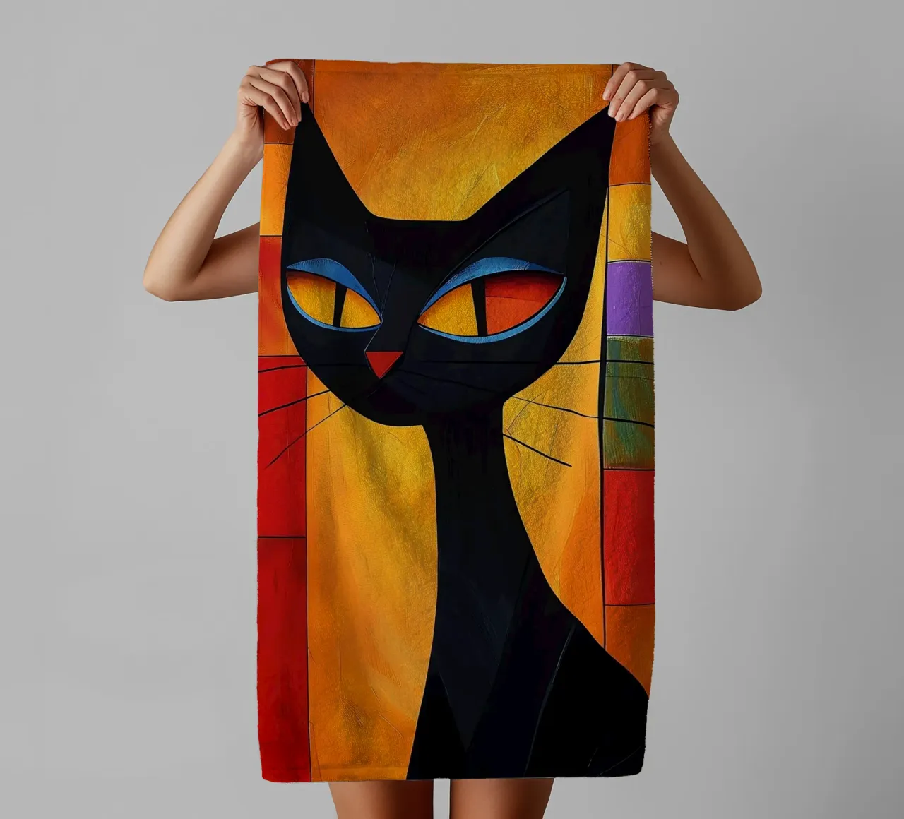 Kleurrijke abstracte kat badhanddoek van Kaden