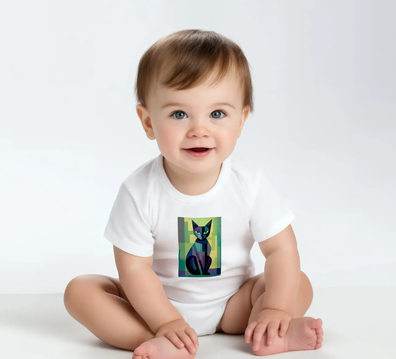 Geometry Colorful Cat short-sleeve baby romper by Kaden