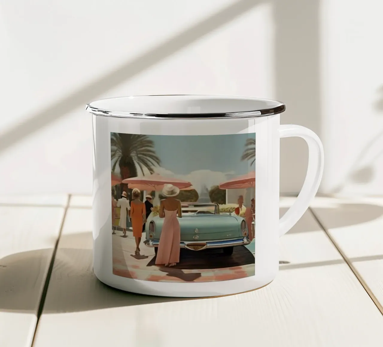 Oldtimer Met dame emaille mok van Longoria Studio