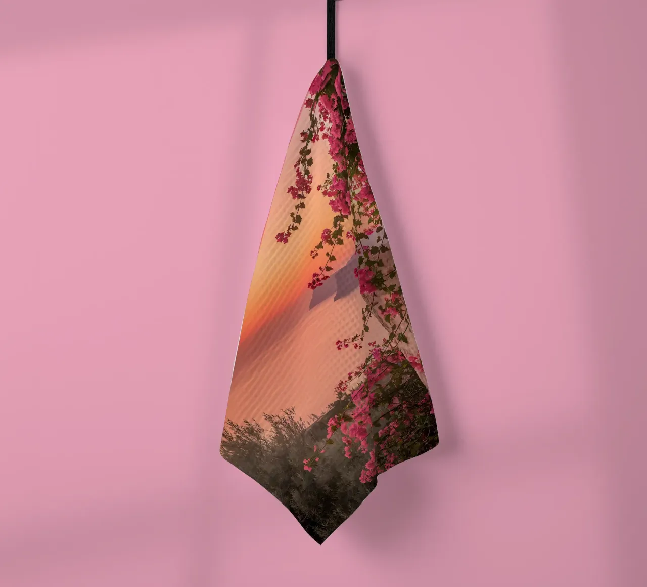 Pink bougainvilleas at sunset tea towel by Casa Limon