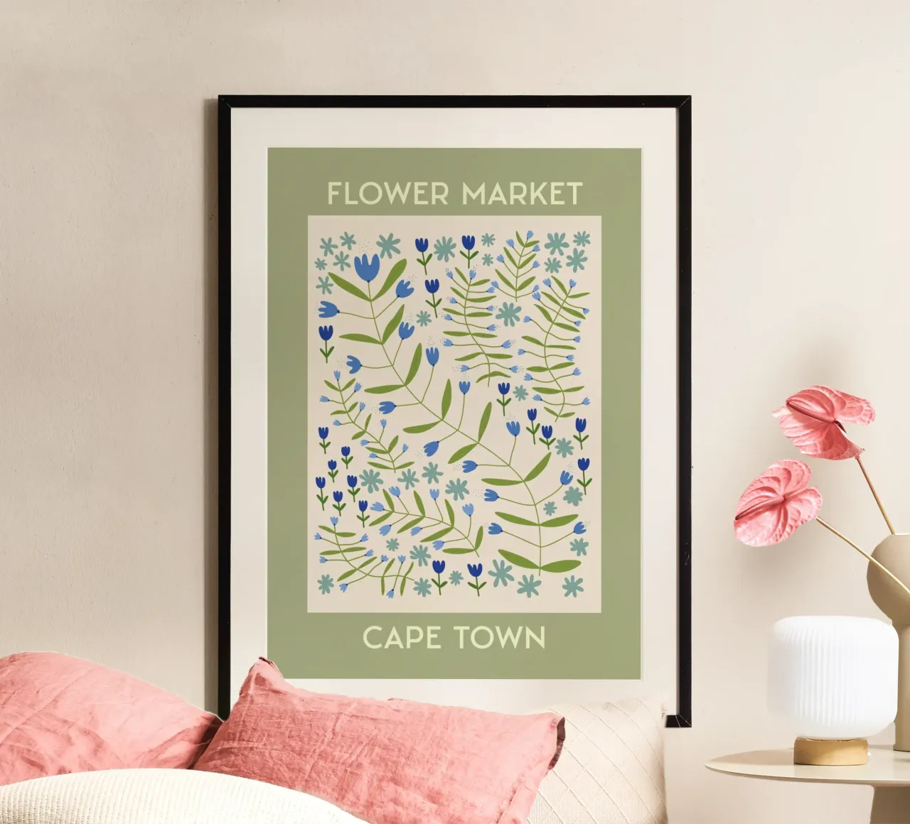 Mercado de flores de Ciudad del Cabo - Wildflower Botanical Art Print poster con marco de madera de homdeco