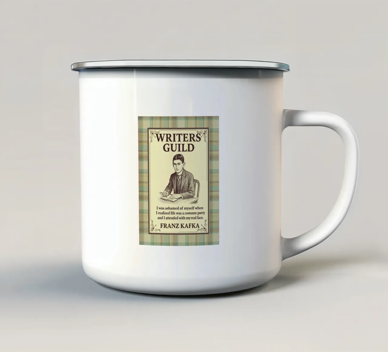 Writers Guild - Franz Kafka enamel mug by Taika Tori Art