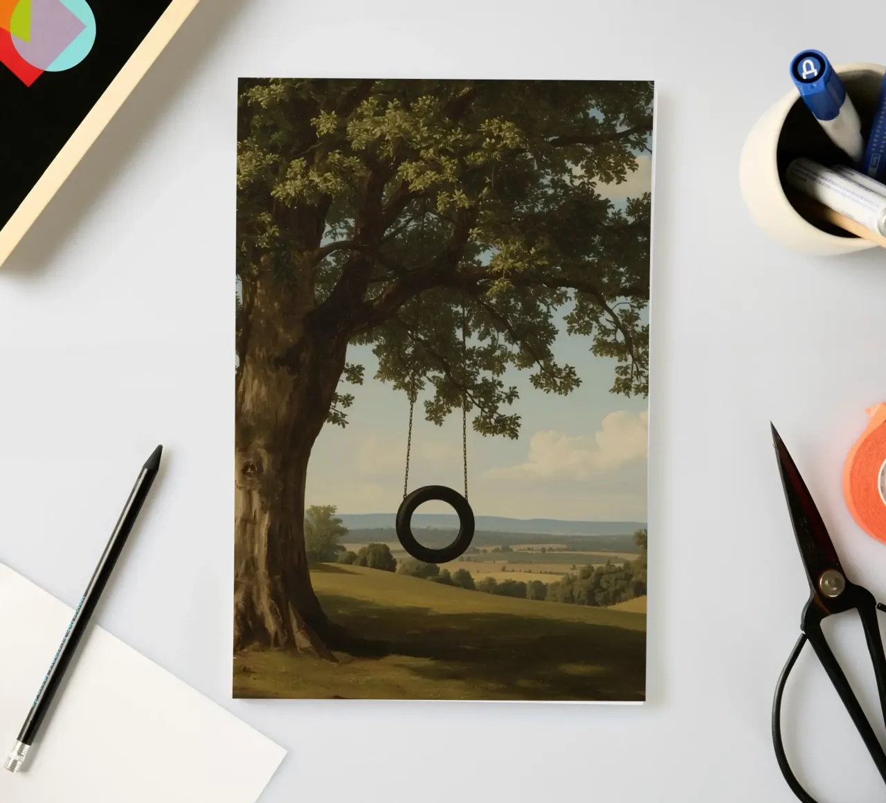 Tire swing hangs from an oak tree overlooking a grassy lands notebook by DesignDoodle