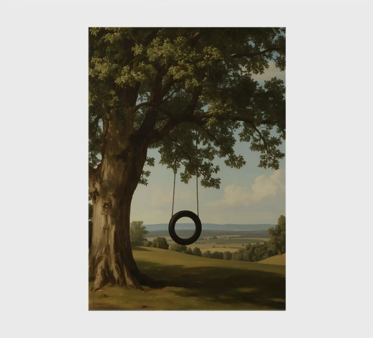 Tire swing hangs from an oak tree overlooking a grassy lands notebook by DesignDoodle