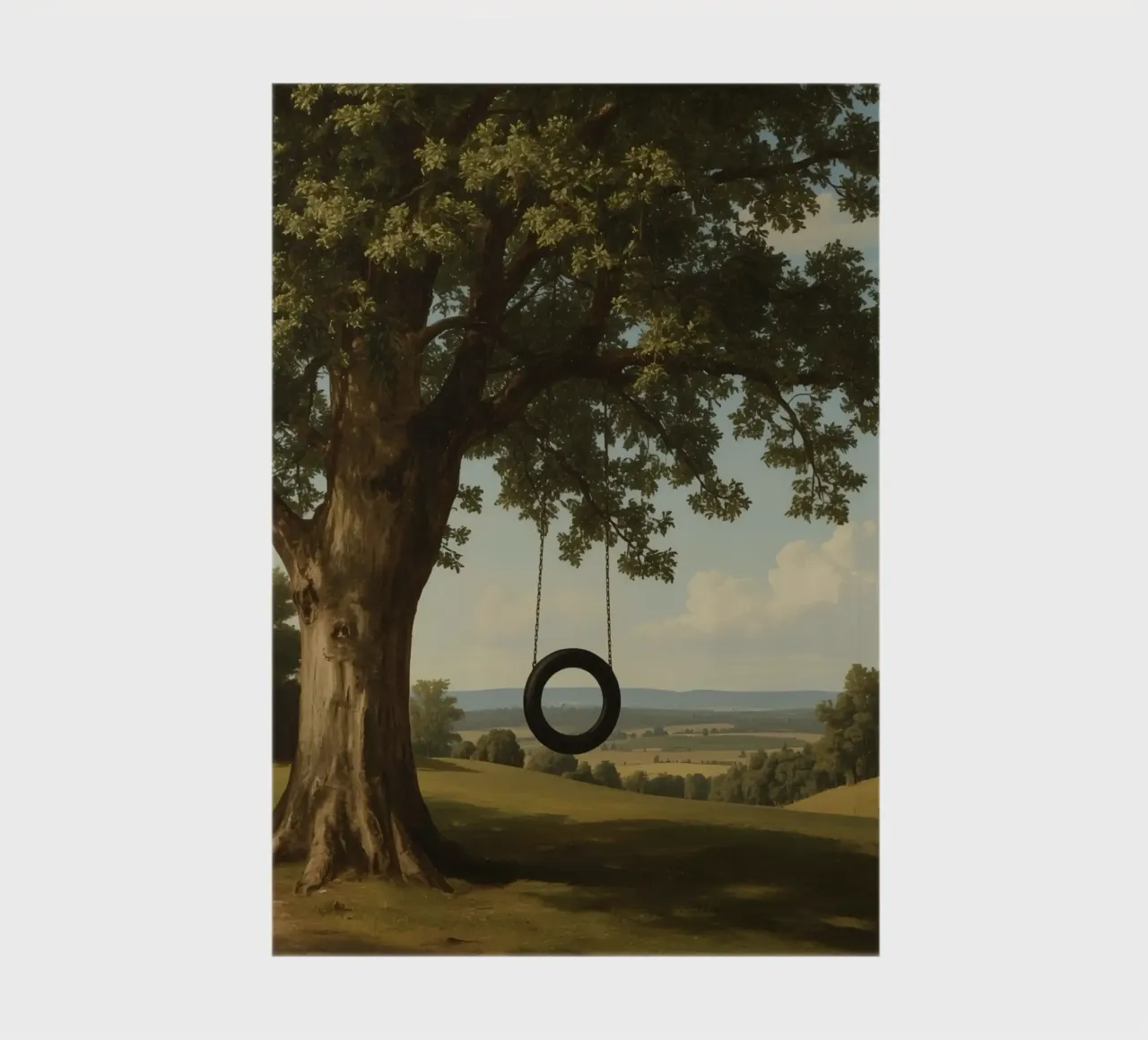 Tire swing hangs from an oak tree overlooking a grassy lands notebook by DesignDoodle
