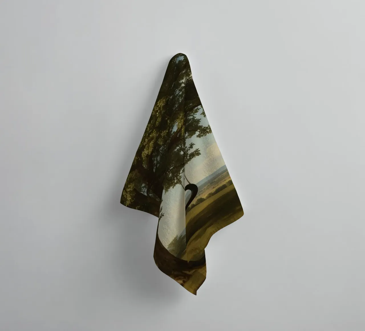 Tire swing hangs from an oak tree overlooking a grassy lands towel by DesignDoodle