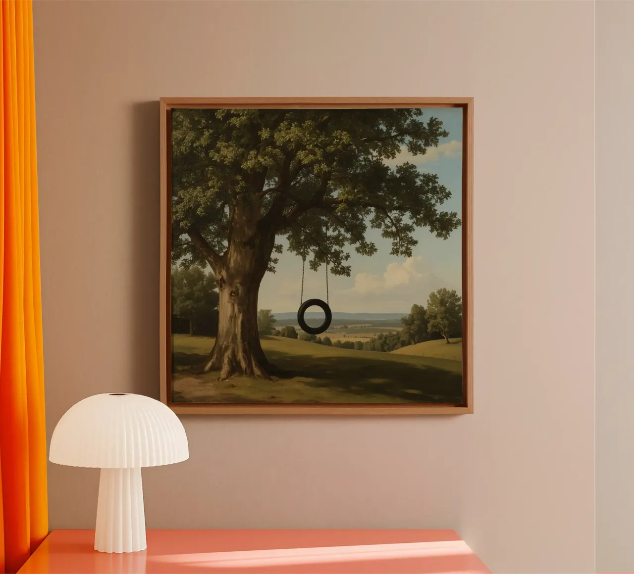 Tire swing hangs from an oak tree overlooking a grassy lands canvas by DesignDoodle