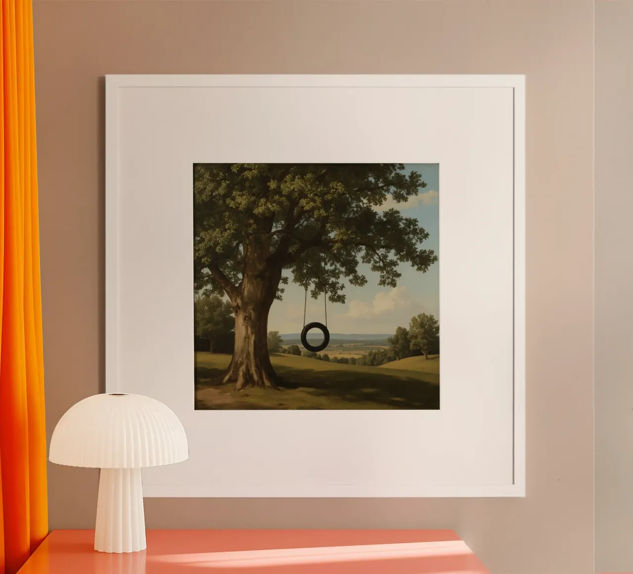 Un columpio de neumático cuelga de un roble con vistas a un terreno cubierto de hierba poster de DesignDoodle